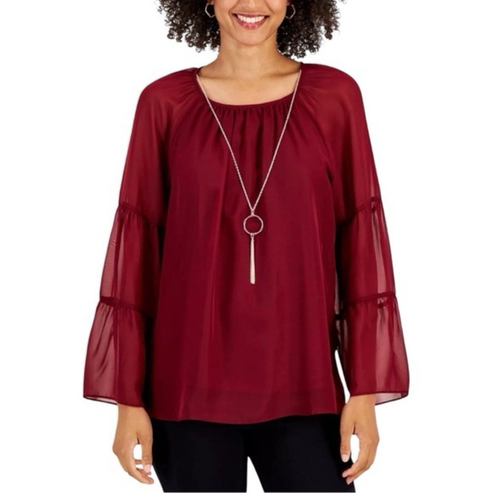465M NWT JM Collection Chiffon Tiered Long Sleeve Blouse with Necklace - Size: L